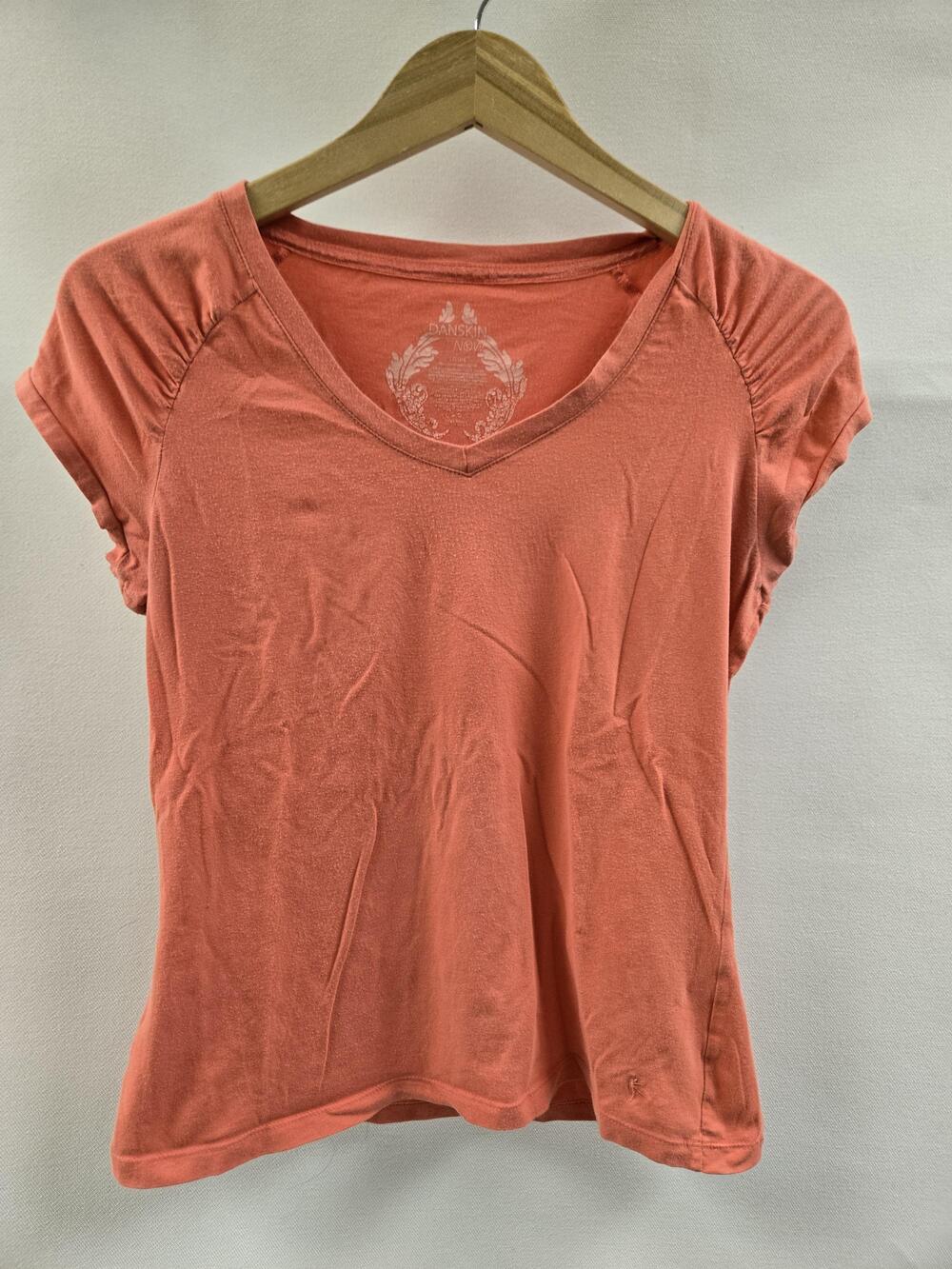 Danskin Now Shirt Womens Large Coral V Neck Ruched Cap Sleeve Athletic Top